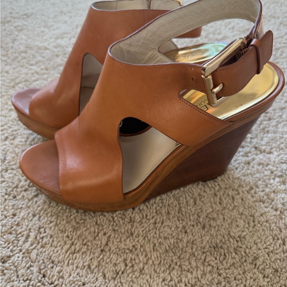 Michael Kors Brown Leather Wedge Sandals 8.5